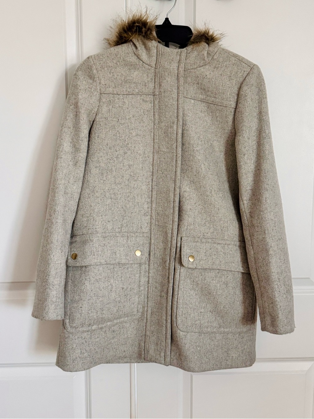 J. Crew Vail Parka - Gray Wool-Blend Coat with Faux-Fur Trimmed Hood (Size 2)